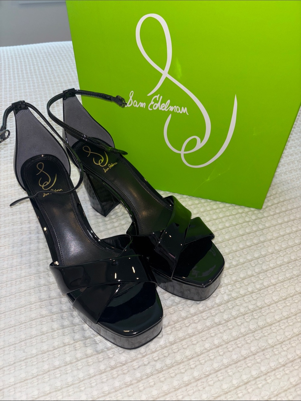 Sam Edelman Black Patent Platform Heels with Ankle Strap